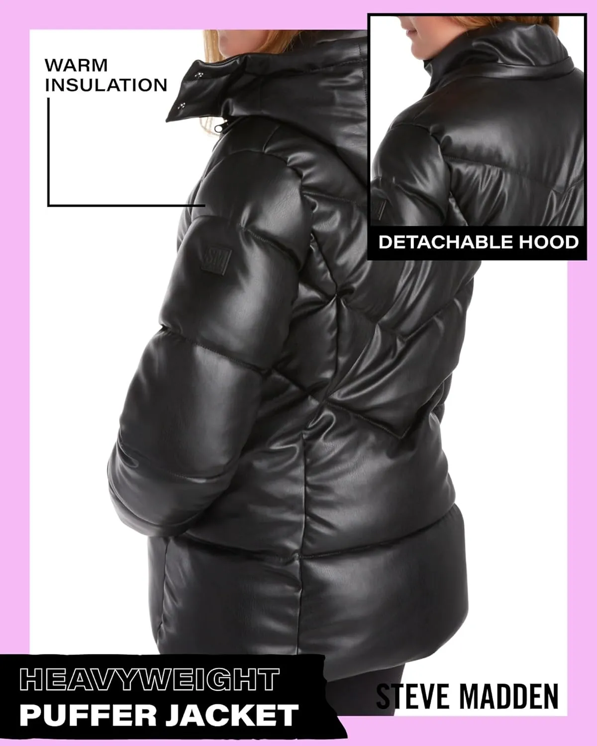 Steve Madden Girls' Jacket  Heavyweight Faux Leather Quilted Puffer Coat for Girls (4-16)