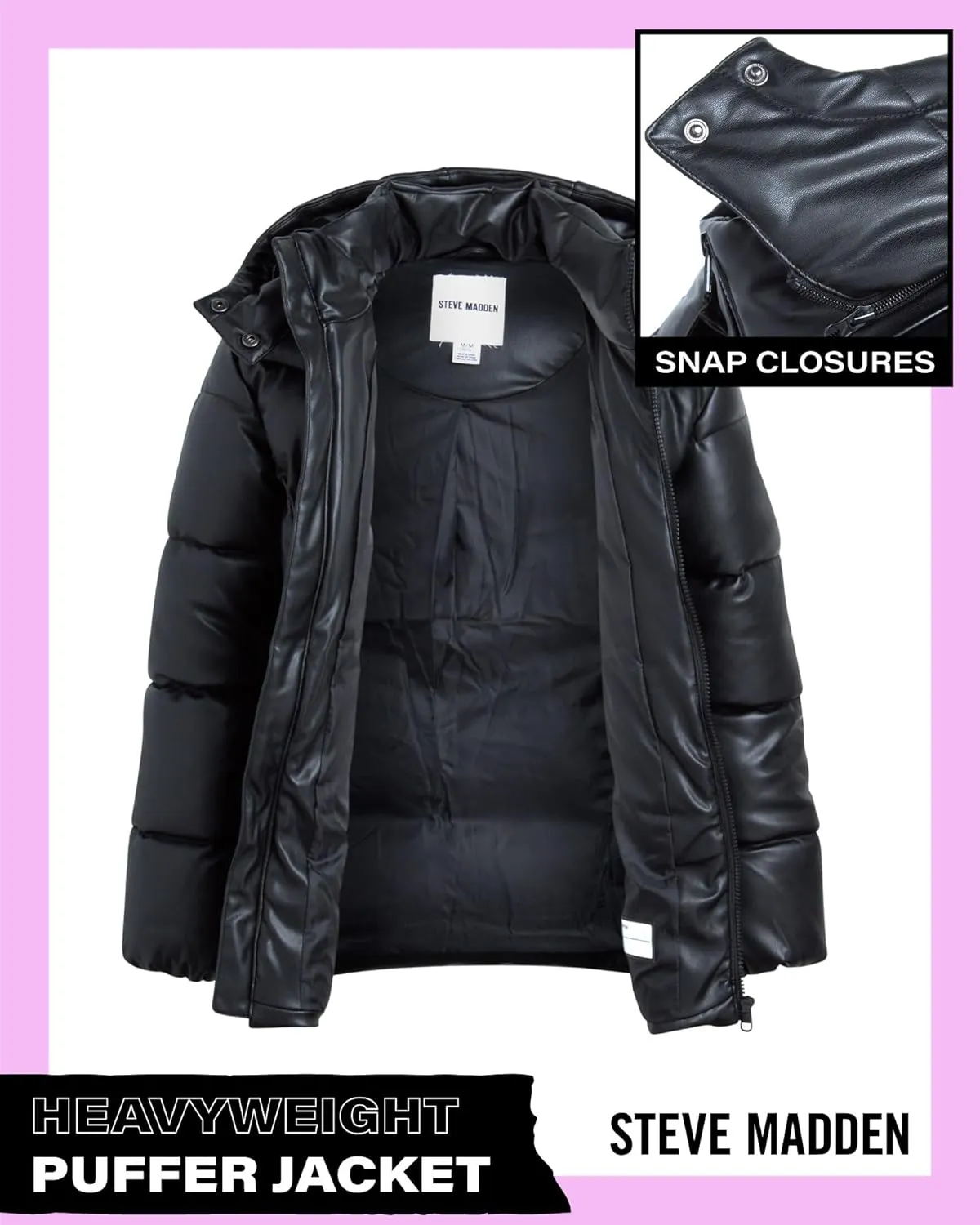 Steve Madden Girls' Jacket  Heavyweight Faux Leather Quilted Puffer Coat for Girls (4-16)