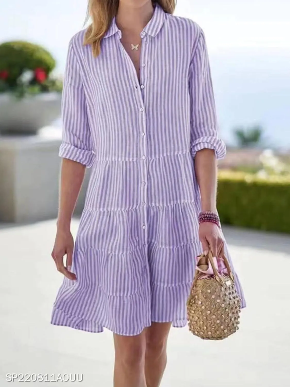Striped Dress for Women Long Sleeve Lapel Neck Shirt Midi Dresses Summer Casual Loose Button Down A Line Dresses
