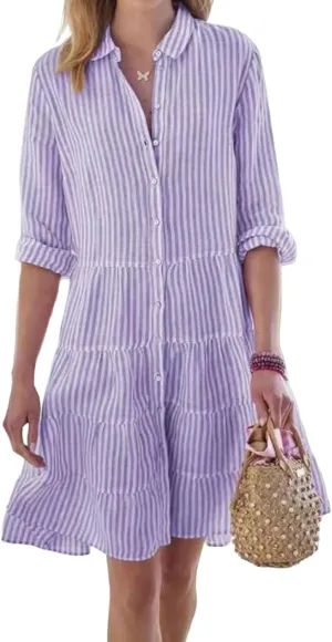 Striped Dress for Women Long Sleeve Lapel Neck Shirt Midi Dresses Summer Casual Loose Button Down A Line Dresses