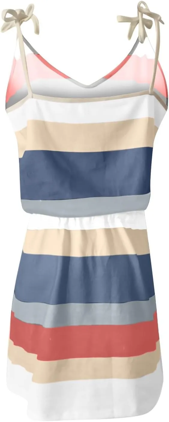 Striped Dresses for Women Summer Color Block Adjustable Spaghetti Strap Mini Dress Cute Beach Dress with Pockets