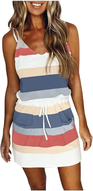 Striped Dresses for Women Summer Color Block Adjustable Spaghetti Strap Mini Dress Cute Beach Dress with Pockets