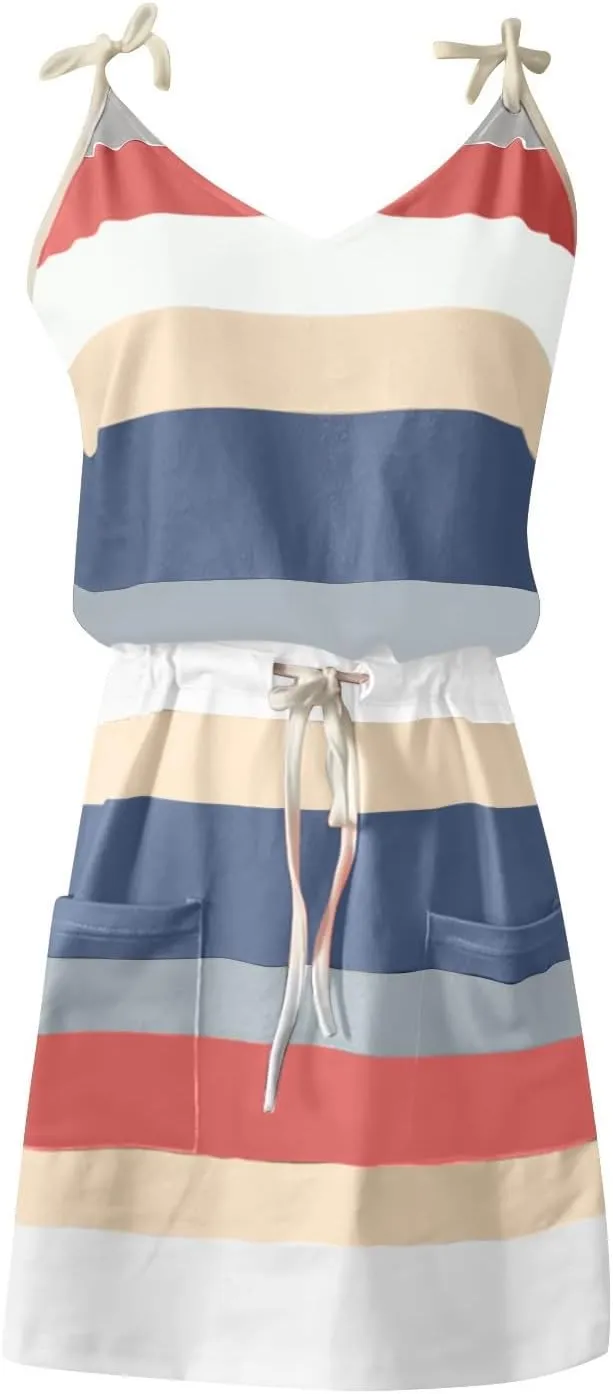 Striped Dresses for Women Summer Color Block Adjustable Spaghetti Strap Mini Dress Cute Beach Dress with Pockets