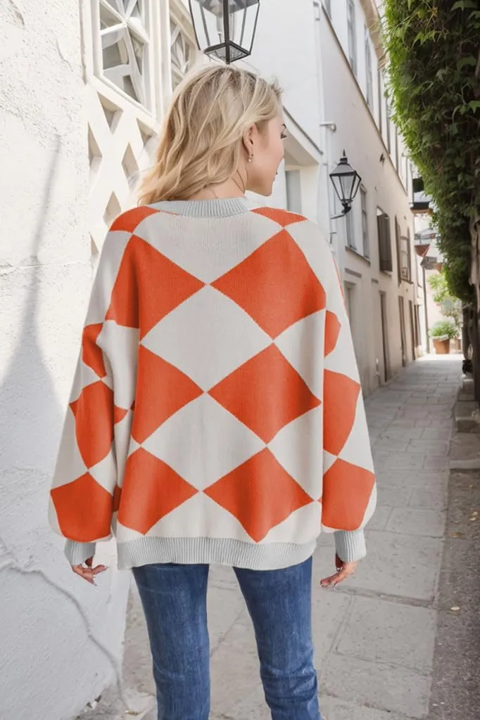 Sumleno Women Y2k Aesthetic Cardigan Sweaters Argyle Long Sleeve Open Front Knit Outerwear Trendy Oversized Fall Tops