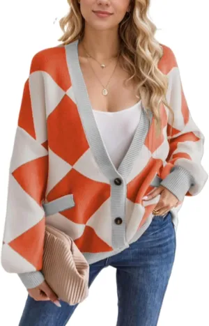Sumleno Women Y2k Aesthetic Cardigan Sweaters Argyle Long Sleeve Open Front Knit Outerwear Trendy Oversized Fall Tops