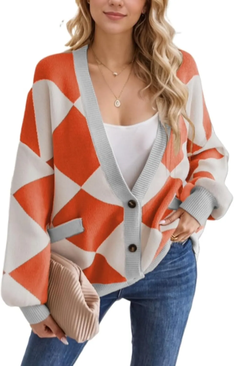 Sumleno Women Y2k Aesthetic Cardigan Sweaters Argyle Long Sleeve Open Front Knit Outerwear Trendy Oversized Fall Tops
