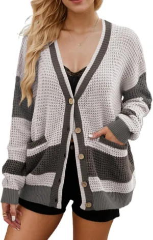 Sumleno Womens Vintage Color Block Cardigan Sweaters Y2k Long Sleeve Button Open Front Knit Baggy Fall Winter Clothes