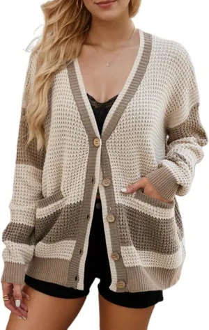 Sumleno Womens Vintage Color Block Cardigan Sweaters Y2k Long Sleeve Button Open Front Knit Baggy Fall Winter Clothes