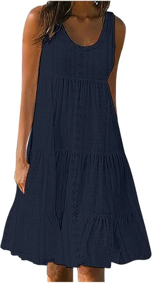 Summer Casual Tank Dress Sleeveless Hollow Out T Shirt Dresses Flowy Ruffle Tiered Swing Mini Beach Vacation Sundress