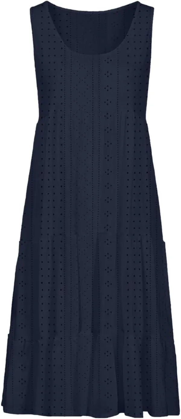 Summer Casual Tank Dress Sleeveless Hollow Out T Shirt Dresses Flowy Ruffle Tiered Swing Mini Beach Vacation Sundress