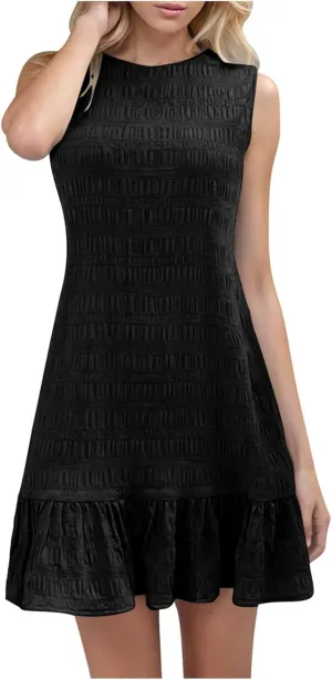 Summer Dress Women Mini Ruffle Hem Sleeveless Round Neck Solid Textured Casual Beach Holiday Party Boho Sundress