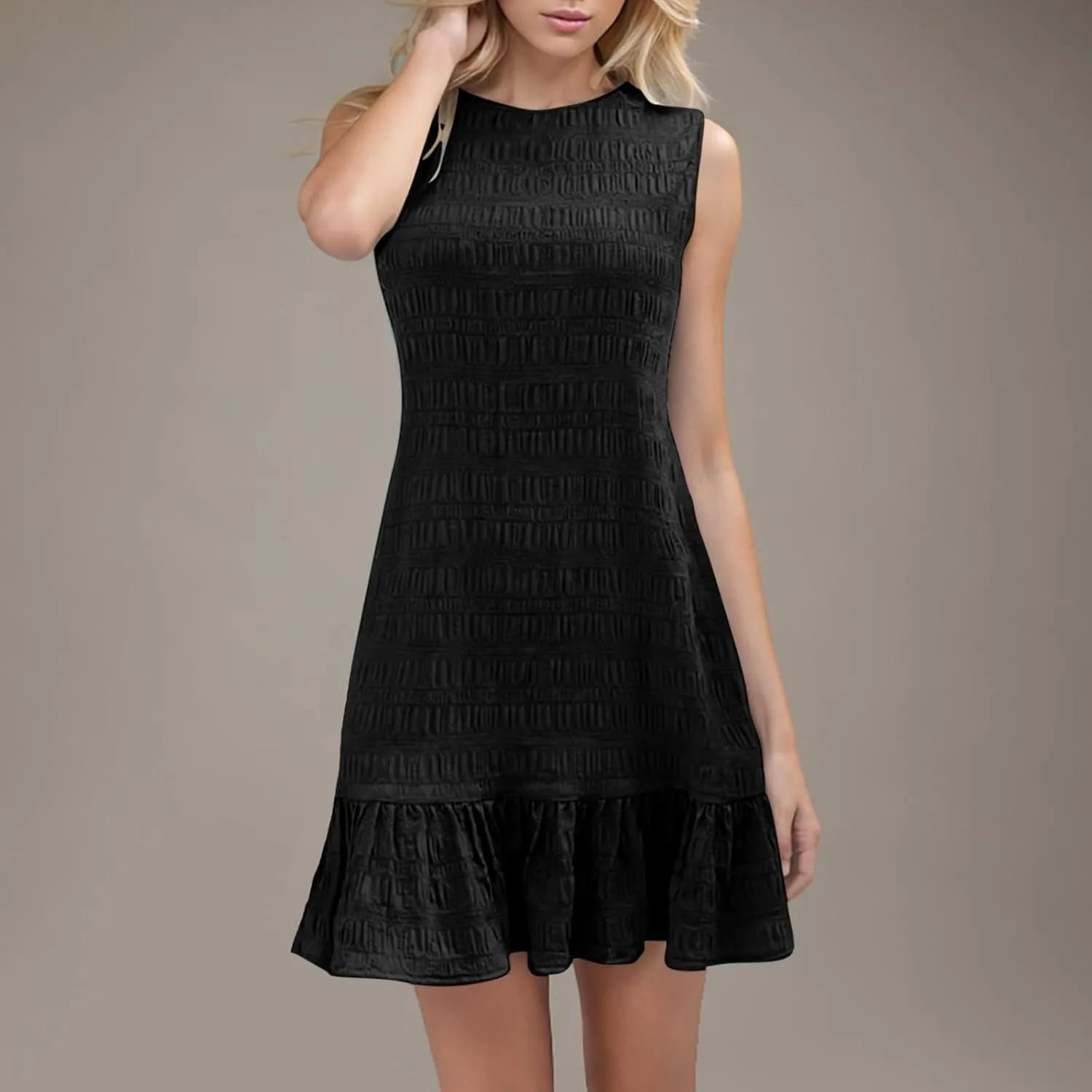 Summer Dress Women Mini Ruffle Hem Sleeveless Round Neck Solid Textured Casual Beach Holiday Party Boho Sundress