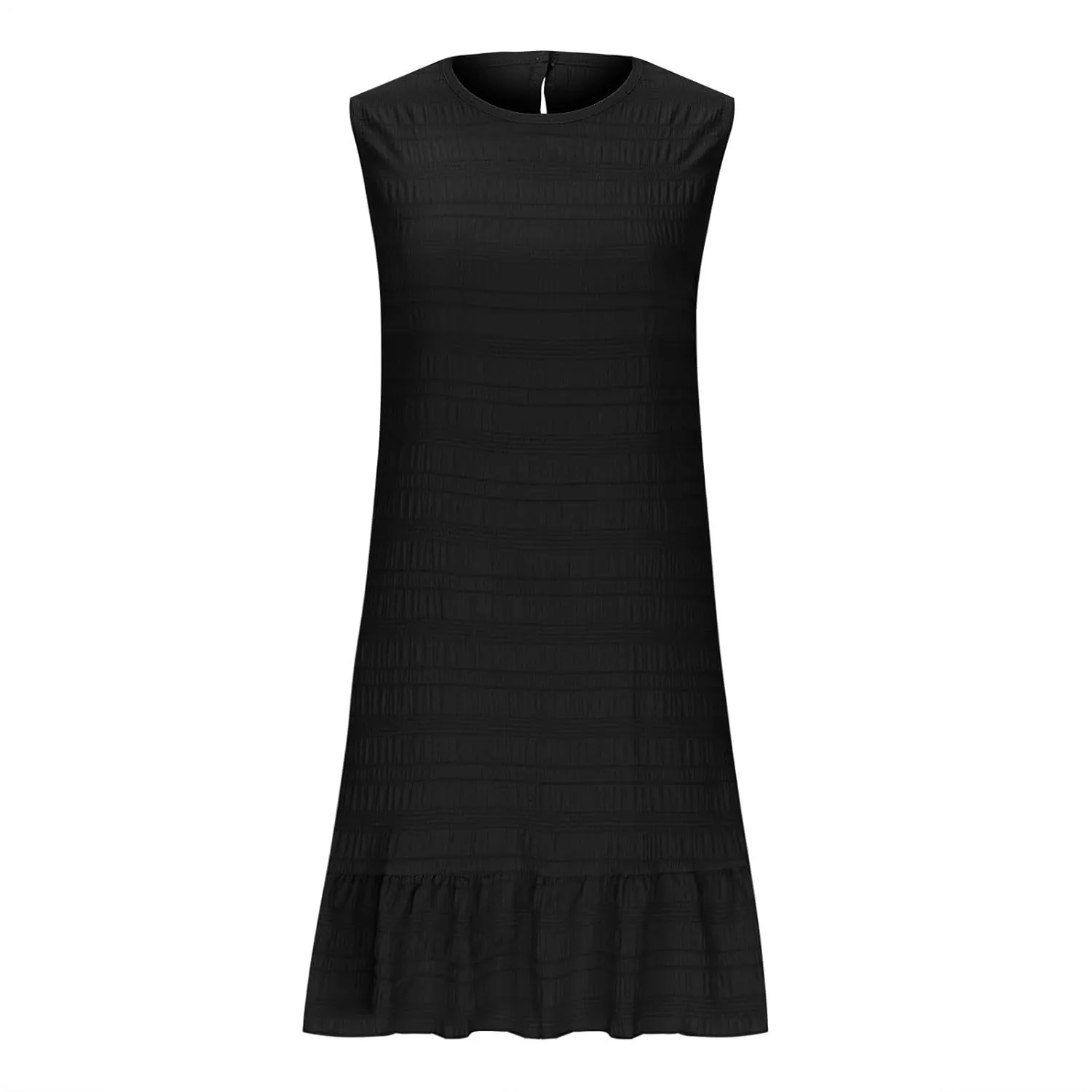 Summer Dress Women Mini Ruffle Hem Sleeveless Round Neck Solid Textured Casual Beach Holiday Party Boho Sundress