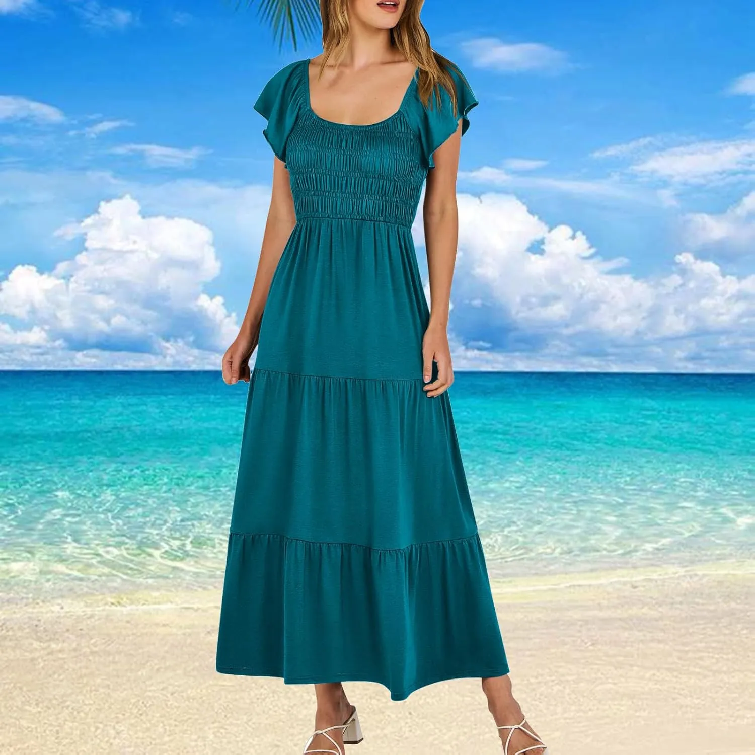 Summer Dresses for Women 2024 Casual Ruffle Short Sleeve Dressy Smocked Empire Waist Beach A-Line Maxi Sundress