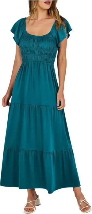 Summer Dresses for Women 2024 Casual Ruffle Short Sleeve Dressy Smocked Empire Waist Beach A-Line Maxi Sundress