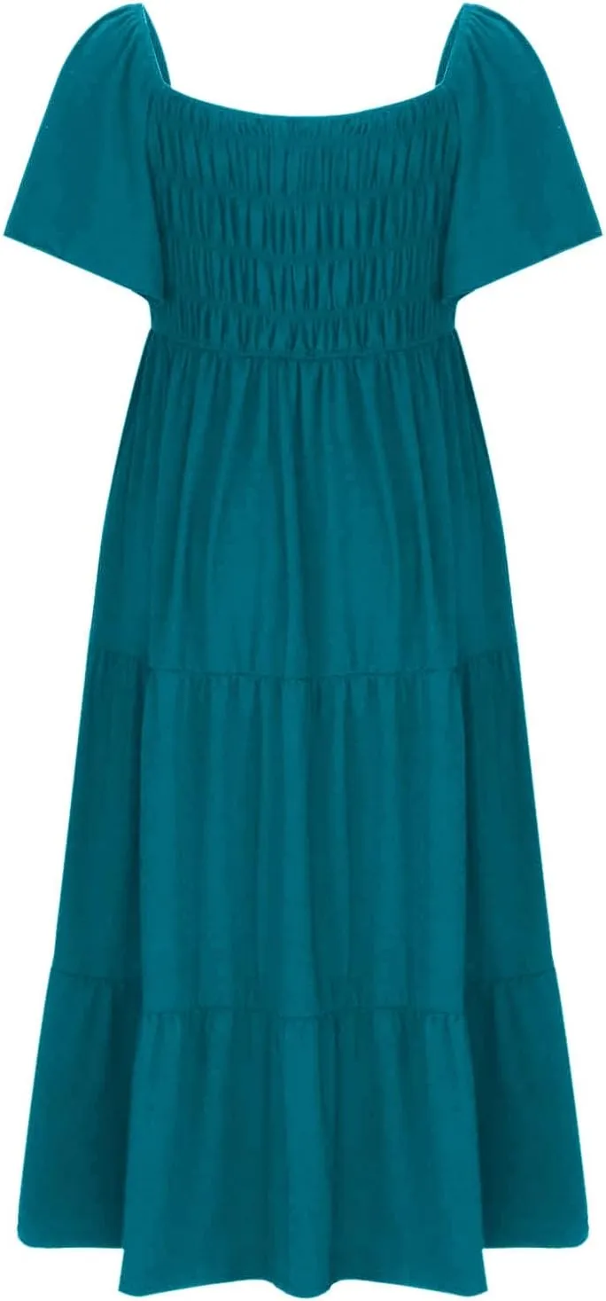 Summer Dresses for Women 2024 Casual Ruffle Short Sleeve Dressy Smocked Empire Waist Beach A-Line Maxi Sundress