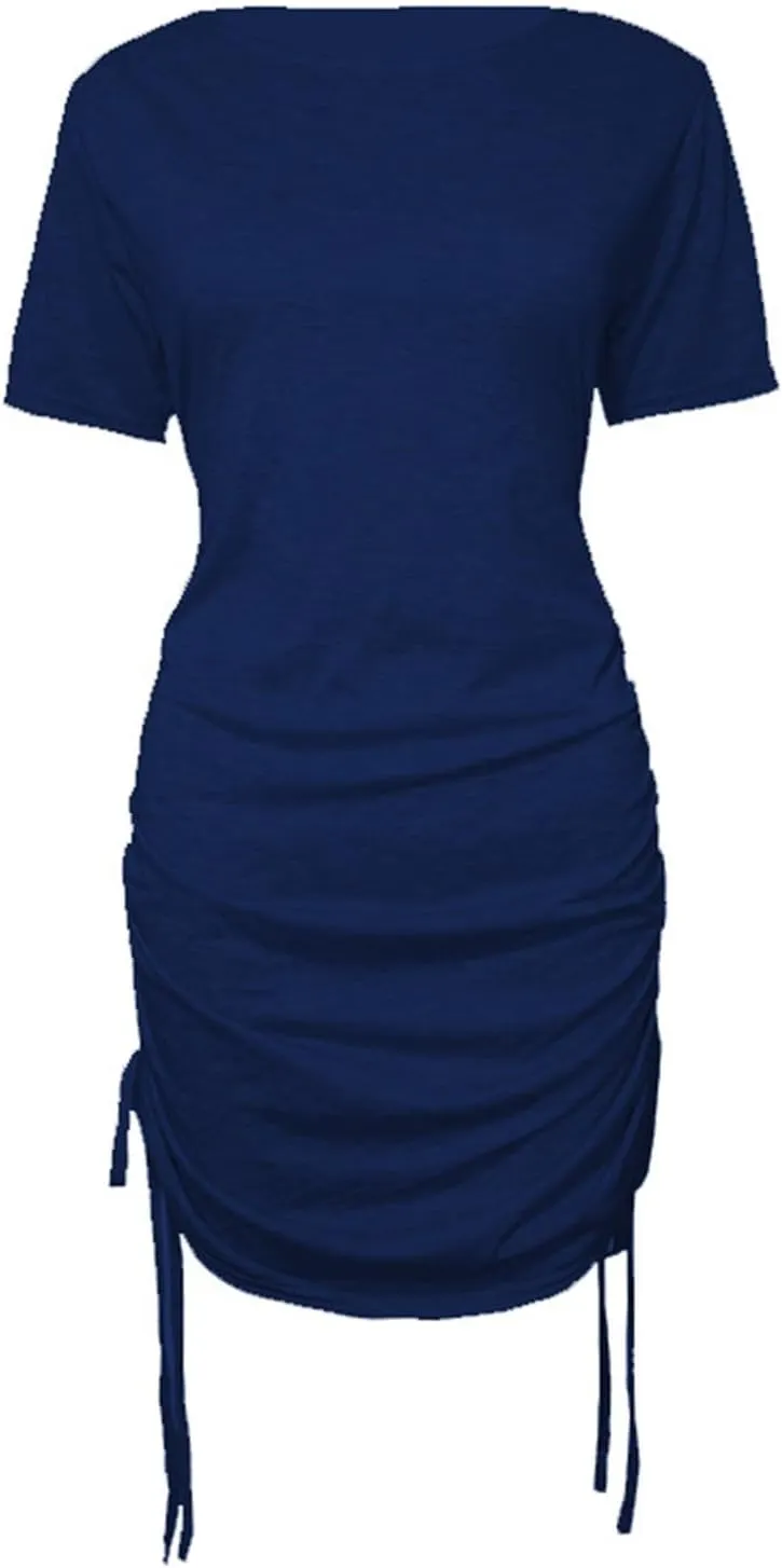 Summer Dresses for Women 2024 Side Drawstring Ruched Bodycon Mini Dress Short Sleeve Knit Crewneck Beach Sundress