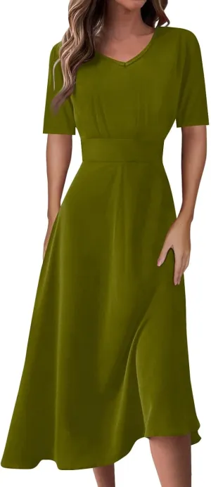 Summer Dresses for Women 2024, Women's Waisted Solid Color Casual Long Dress Plus Size Short Sleeve V-Neck Dresses