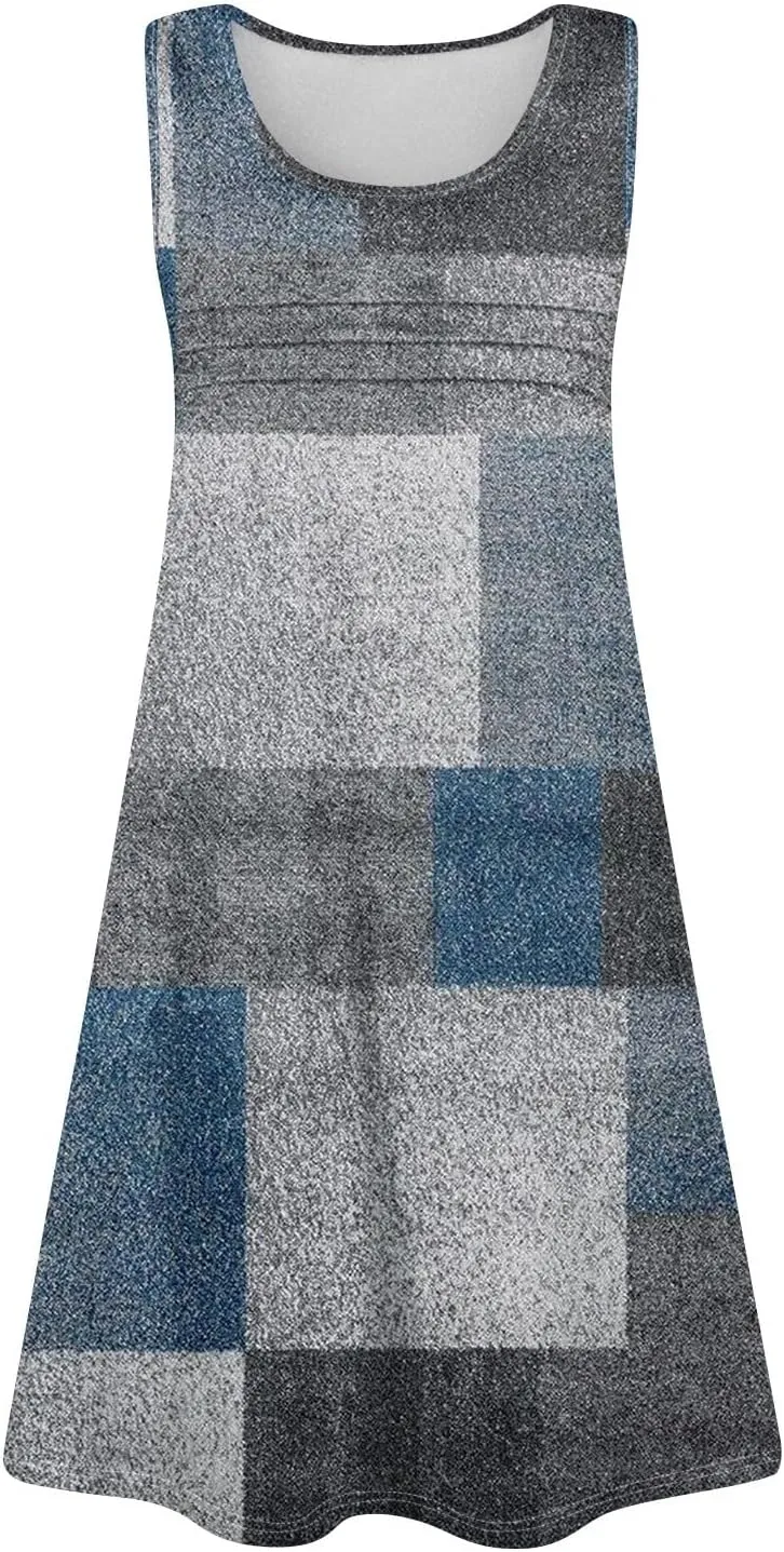 Summer Dresses for Women 2025 Casual Floral Pleated Front Tank Dress O Neck Loose T Shirt Dresses Sleeveless Sundresses