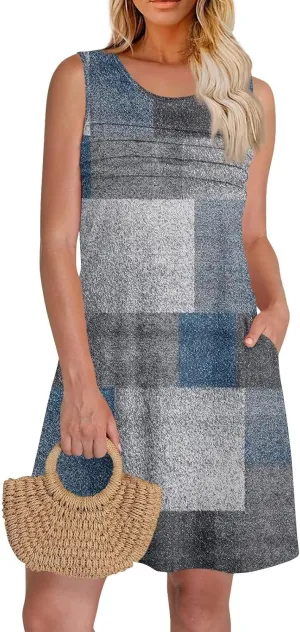Summer Dresses for Women 2025 Casual Floral Pleated Front Tank Dress O Neck Loose T Shirt Dresses Sleeveless Sundresses