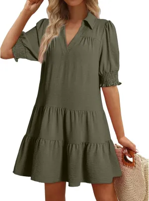 Summer Dresses for Women 2025 Casual Lapel Collared V Neck Mid Sleeved Pleated Midi Dresses Short Sleeve Solid Dresses