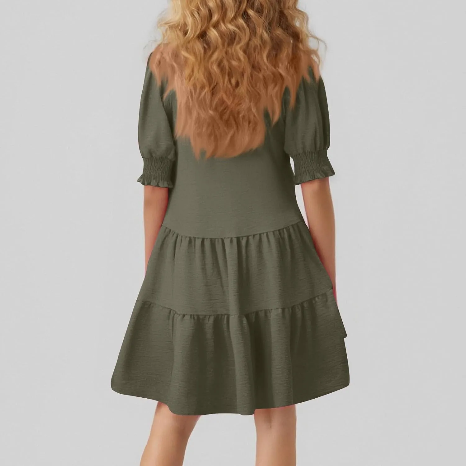 Summer Dresses for Women 2025 Casual Lapel Collared V Neck Mid Sleeved Pleated Midi Dresses Short Sleeve Solid Dresses