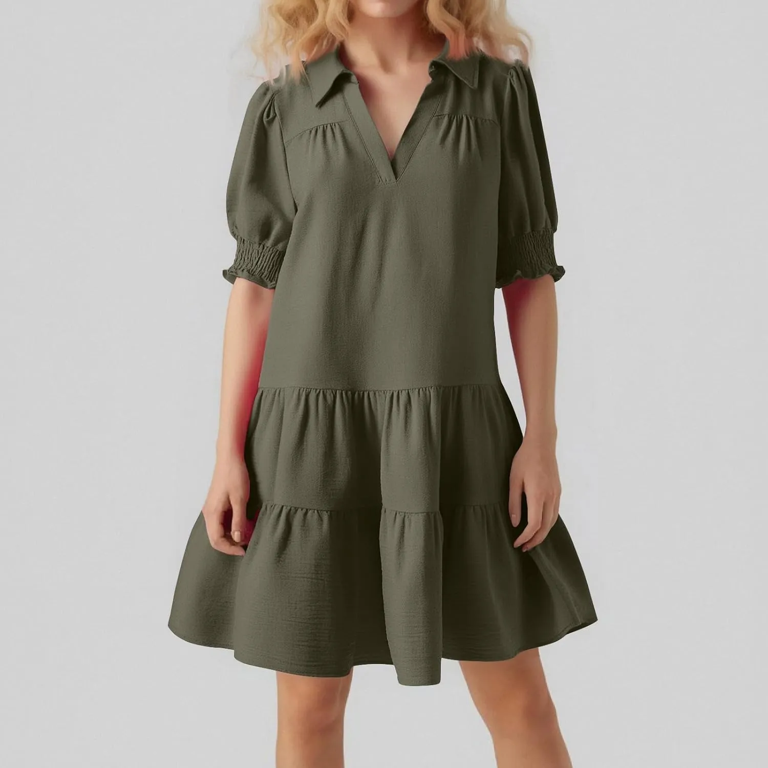 Summer Dresses for Women 2025 Casual Lapel Collared V Neck Mid Sleeved Pleated Midi Dresses Short Sleeve Solid Dresses
