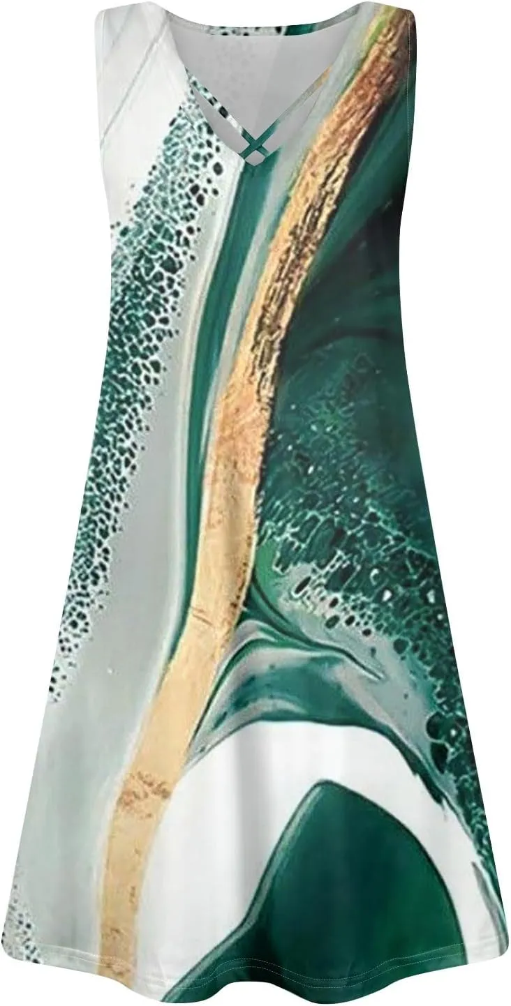 Summer Dresses for Women 2025 Floral Boho Beach Tank Dress V Neck Sleeveless T Shirt Dresses Loose Casual Sundresses