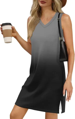 Summer Dresses for Women 2025 Floral Loose Tank Dress Beach T Shirt Dresses Sleeveless Casual Sundresses with Split