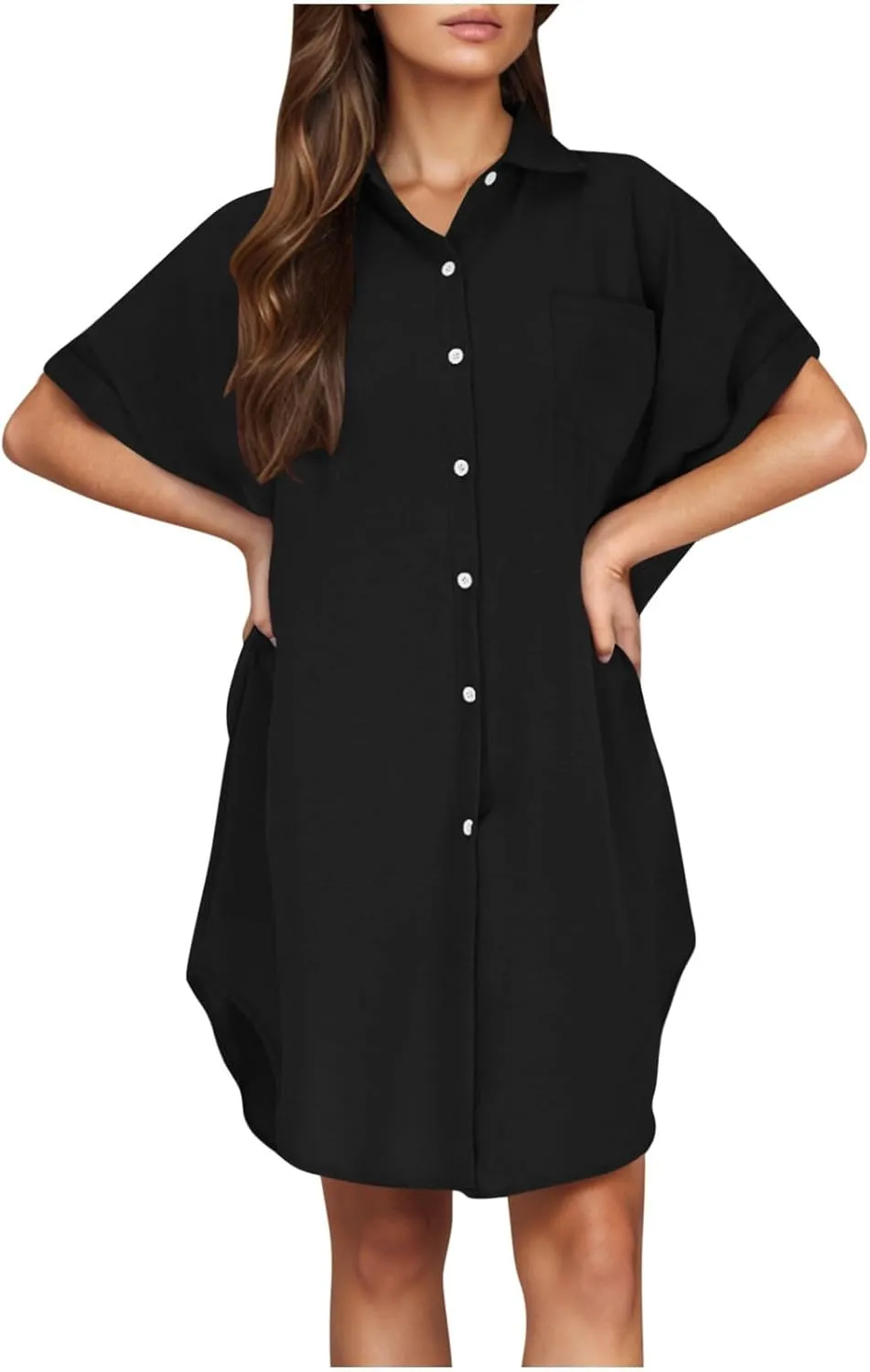 Summer Dresses for Women 2025 Lapel Neck Short Sleeve Shirt Dress Cotton Linen Button Down Mini Dress with Pockets