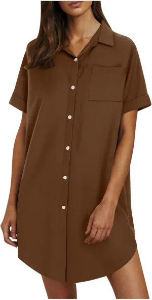 Summer Dresses for Women 2025 Lapel Neck Short Sleeve Shirt Dress Cotton Linen Button Down Mini Dress with Pockets