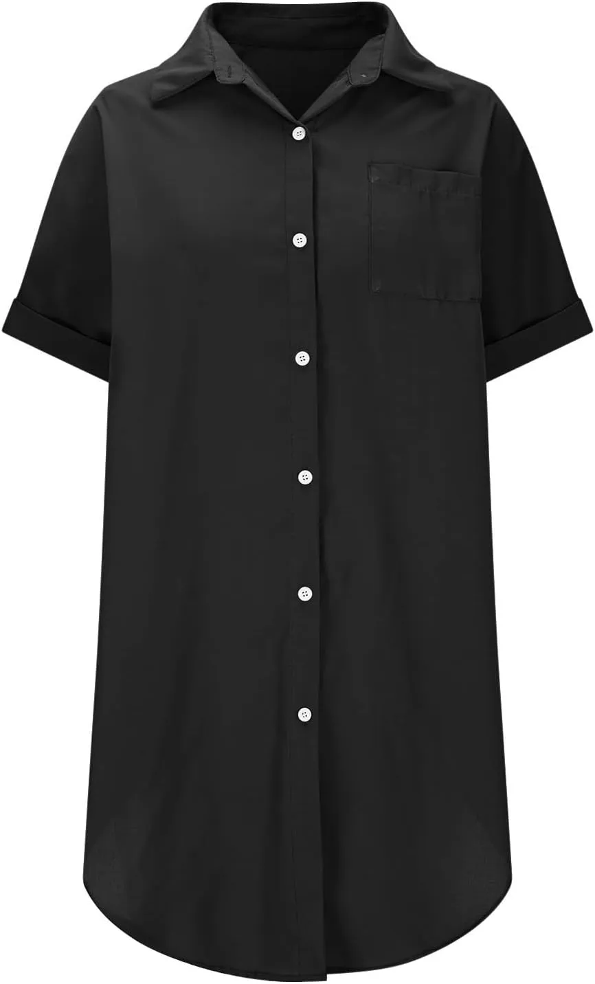 Summer Dresses for Women 2025 Lapel Neck Short Sleeve Shirt Dress Cotton Linen Button Down Mini Dress with Pockets