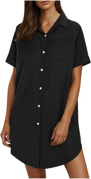 Summer Dresses for Women 2025 Lapel Neck Short Sleeve Shirt Dress Cotton Linen Button Down Mini Dress with Pockets