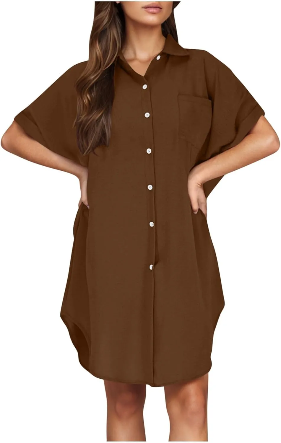 Summer Dresses for Women 2025 Lapel Neck Short Sleeve Shirt Dress Cotton Linen Button Down Mini Dress with Pockets