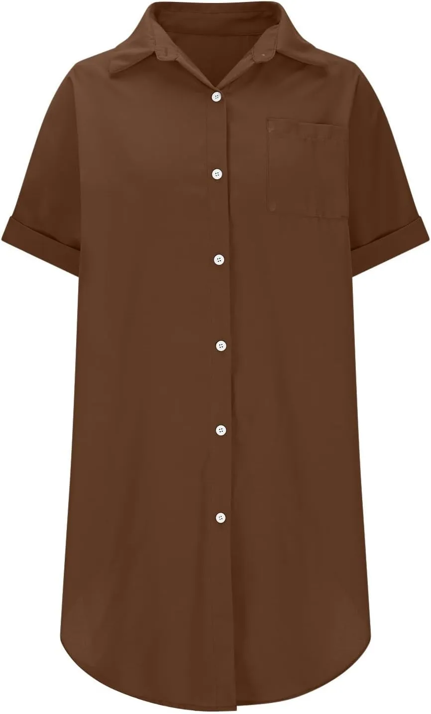 Summer Dresses for Women 2025 Lapel Neck Short Sleeve Shirt Dress Cotton Linen Button Down Mini Dress with Pockets