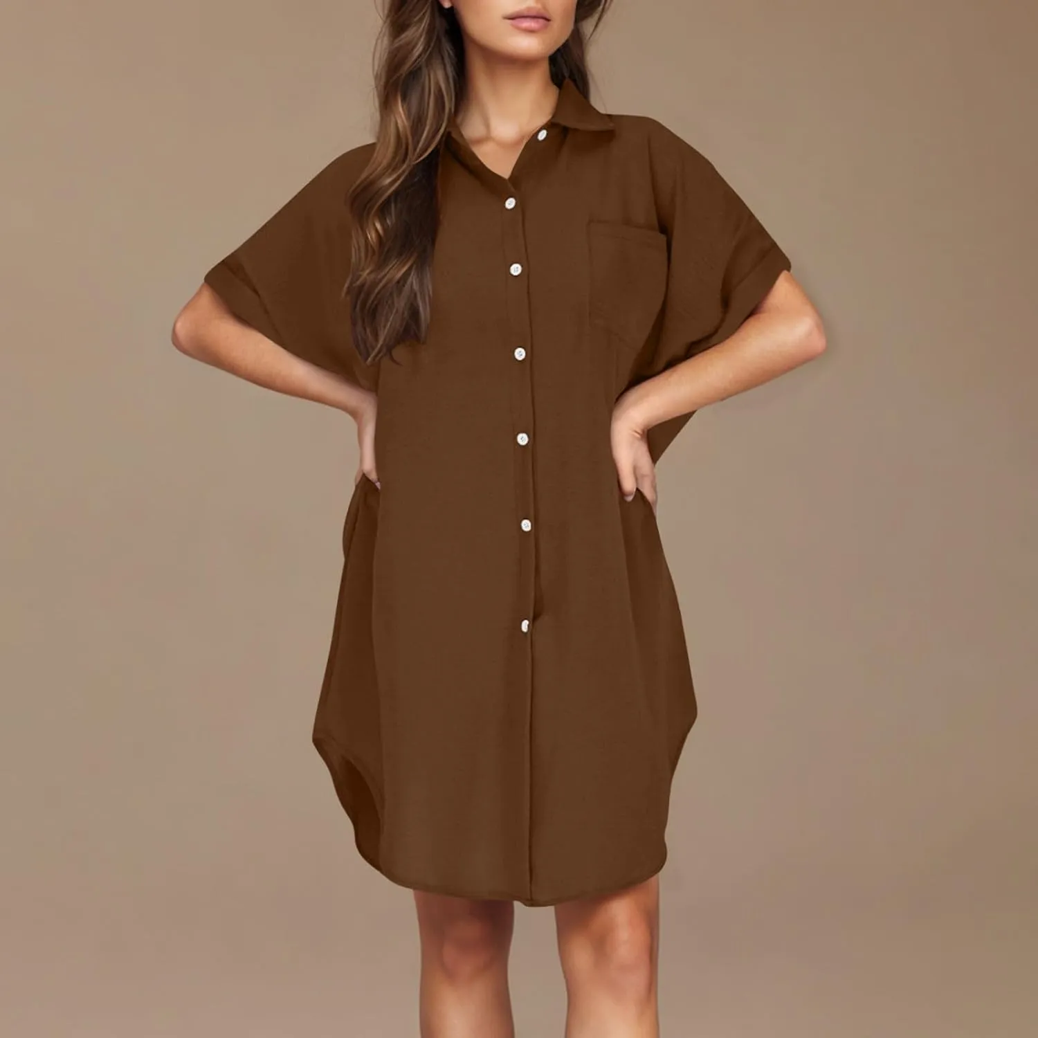 Summer Dresses for Women 2025 Lapel Neck Short Sleeve Shirt Dress Cotton Linen Button Down Mini Dress with Pockets