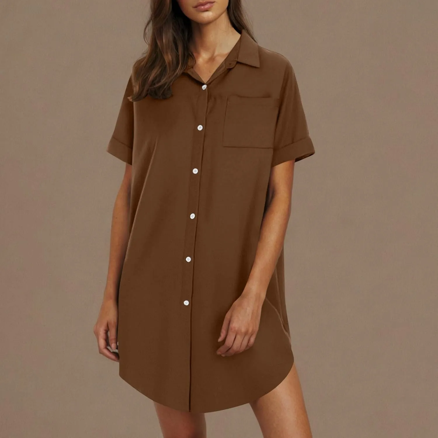 Summer Dresses for Women 2025 Lapel Neck Short Sleeve Shirt Dress Cotton Linen Button Down Mini Dress with Pockets