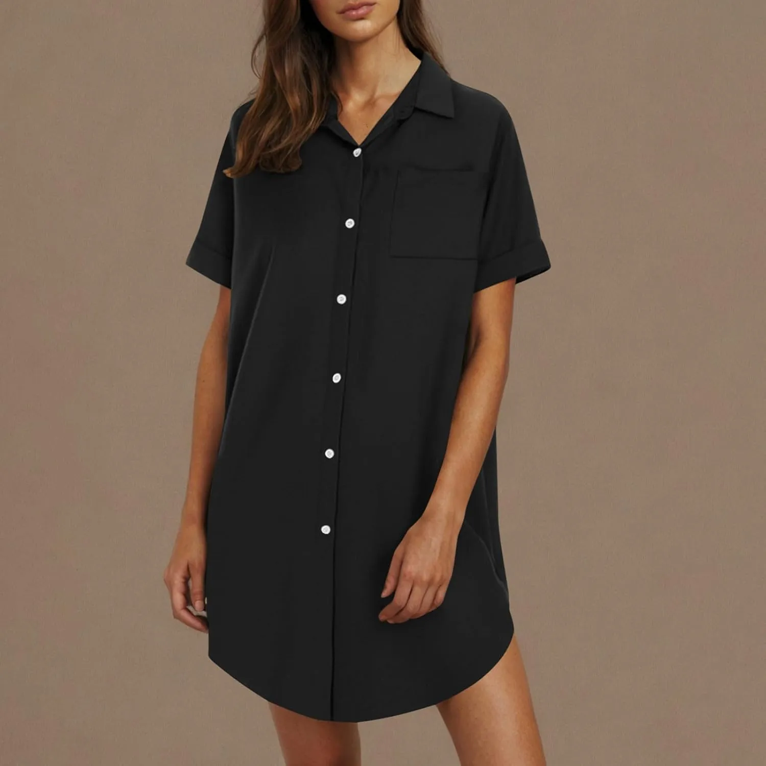 Summer Dresses for Women 2025 Lapel Neck Short Sleeve Shirt Dress Cotton Linen Button Down Mini Dress with Pockets