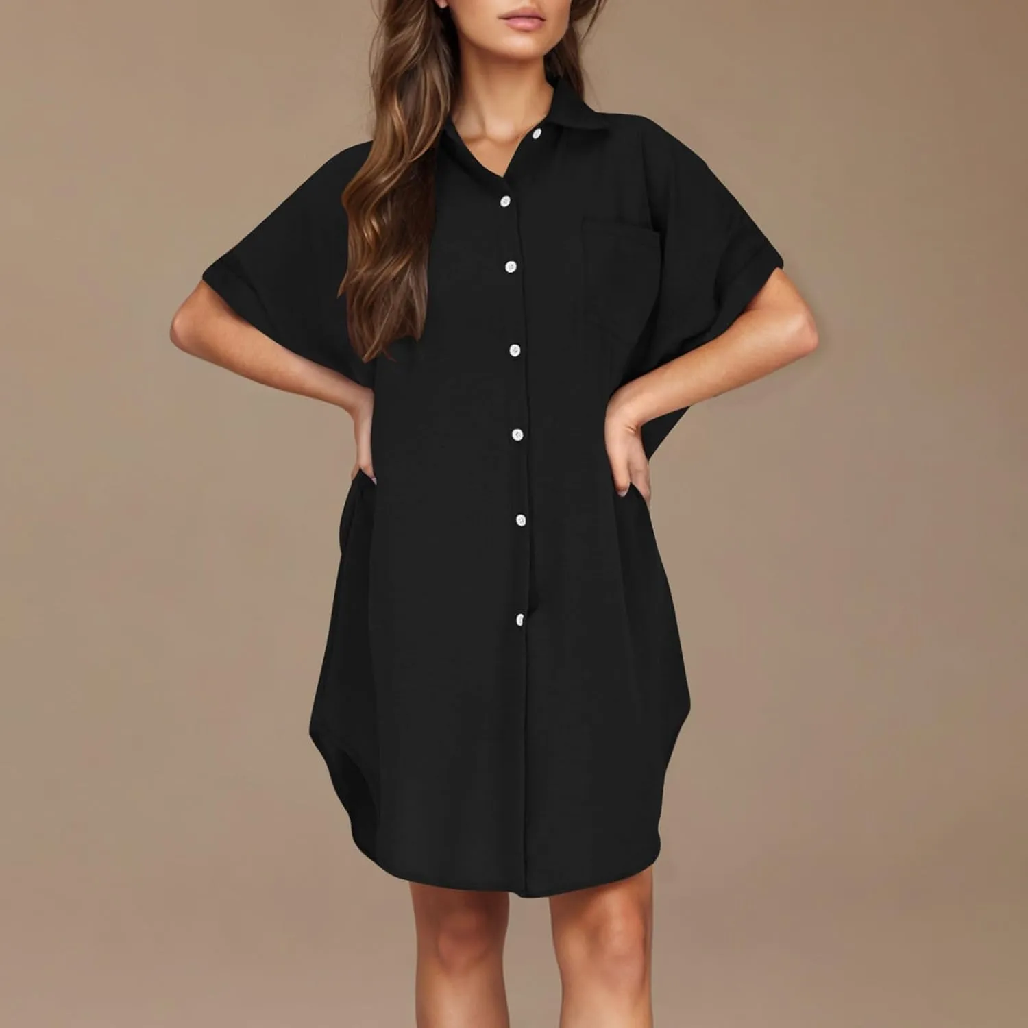Summer Dresses for Women 2025 Lapel Neck Short Sleeve Shirt Dress Cotton Linen Button Down Mini Dress with Pockets