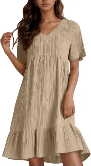 Summer Dresses for Women 2025 Loose V Neck Short Sleeve T Shirt Dress Casual Flowy Ruffle Tiered Layered A-Line Dress
