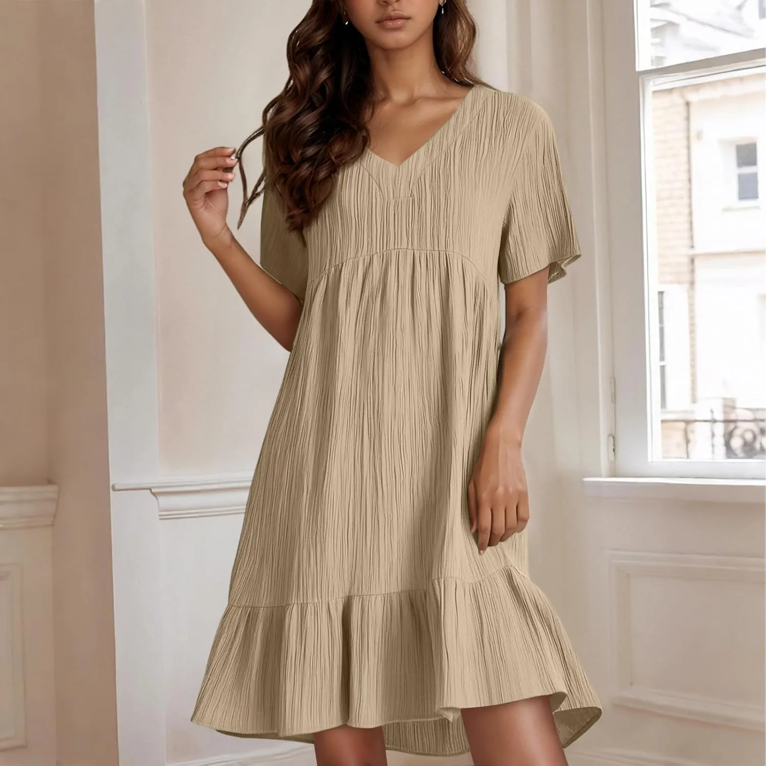 Summer Dresses for Women 2025 Loose V Neck Short Sleeve T Shirt Dress Casual Flowy Ruffle Tiered Layered A-Line Dress