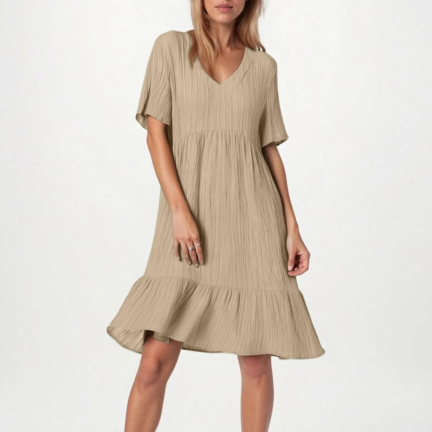 Summer Dresses for Women 2025 Loose V Neck Short Sleeve T Shirt Dress Casual Flowy Ruffle Tiered Layered A-Line Dress