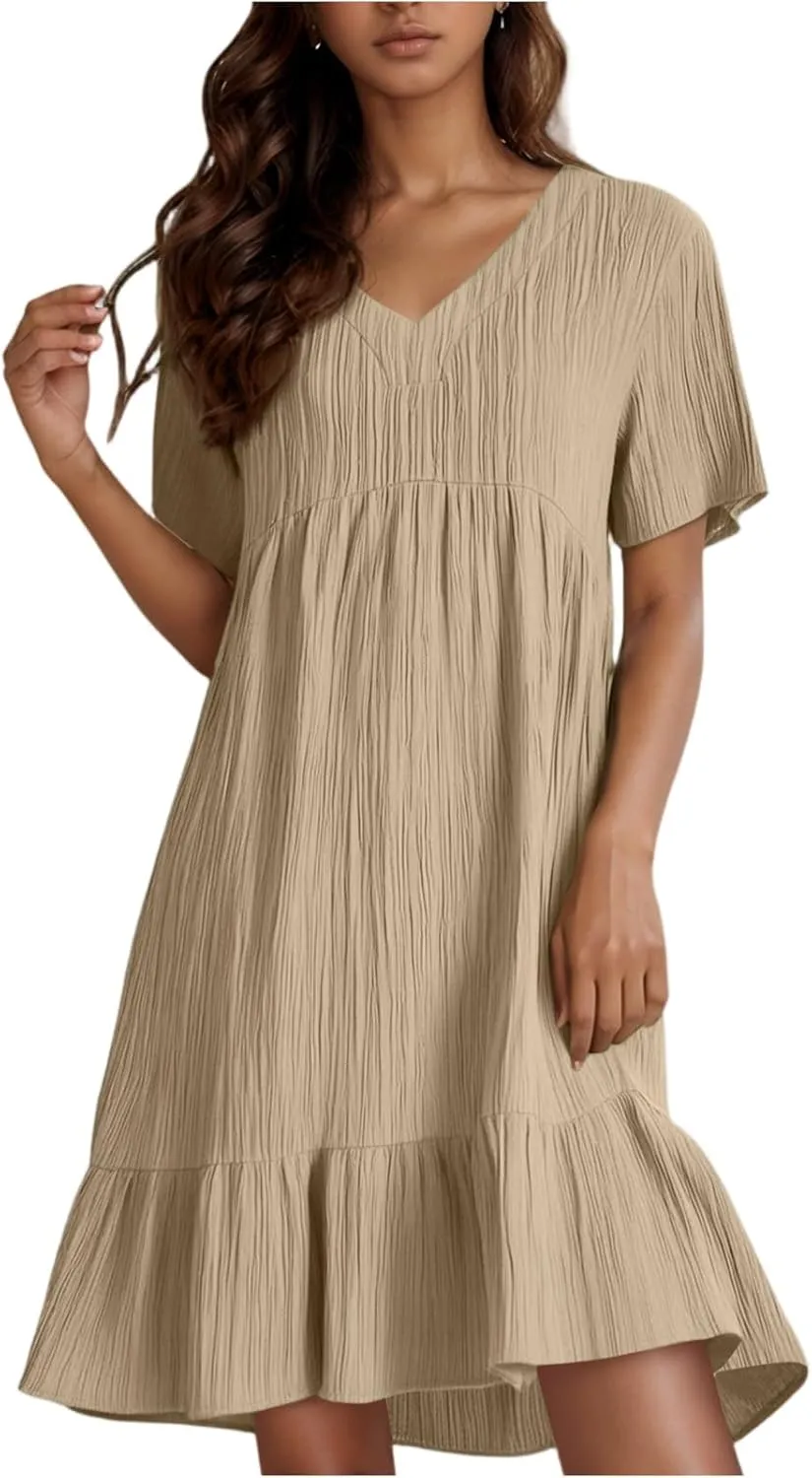 Summer Dresses for Women 2025 Loose V Neck Short Sleeve T Shirt Dress Casual Flowy Ruffle Tiered Layered A-Line Dress