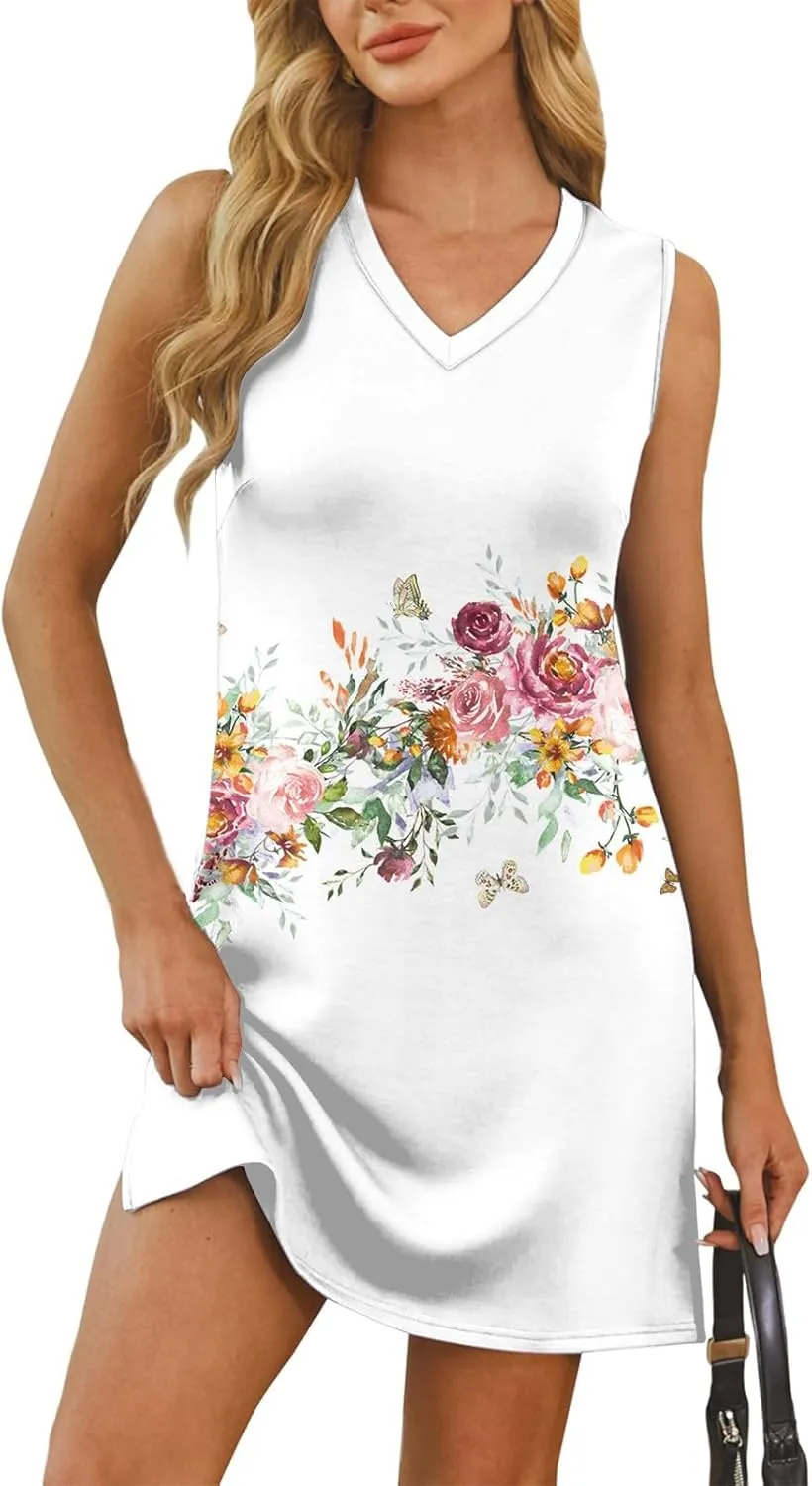 Summer Dresses for Women 2025 Sleeveless Floral Tank Dress Casual Sundresses Loose Beach T Shirt Dresses with Split