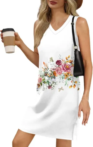Summer Dresses for Women 2025 Sleeveless Floral Tank Dress Casual Sundresses Loose Beach T Shirt Dresses with Split