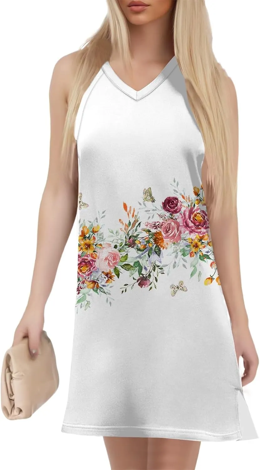 Summer Dresses for Women 2025 Sleeveless Floral Tank Dress Casual Sundresses Loose Beach T Shirt Dresses with Split