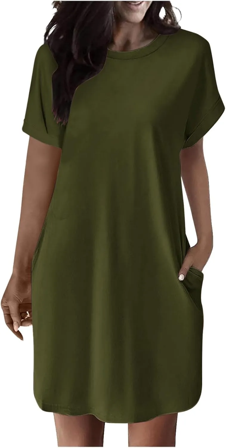 Summer Dresses for Women 2025 Trendy Short Sleeve Round Neck Tshirt Dress Casual Loose Mini Dress with Pockets
