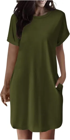 Summer Dresses for Women 2025 Trendy Short Sleeve Round Neck Tshirt Dress Casual Loose Mini Dress with Pockets