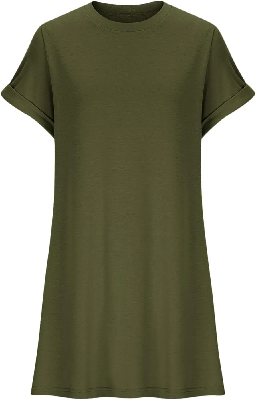 Summer Dresses for Women 2025 Trendy Short Sleeve Round Neck Tshirt Dress Casual Loose Mini Dress with Pockets