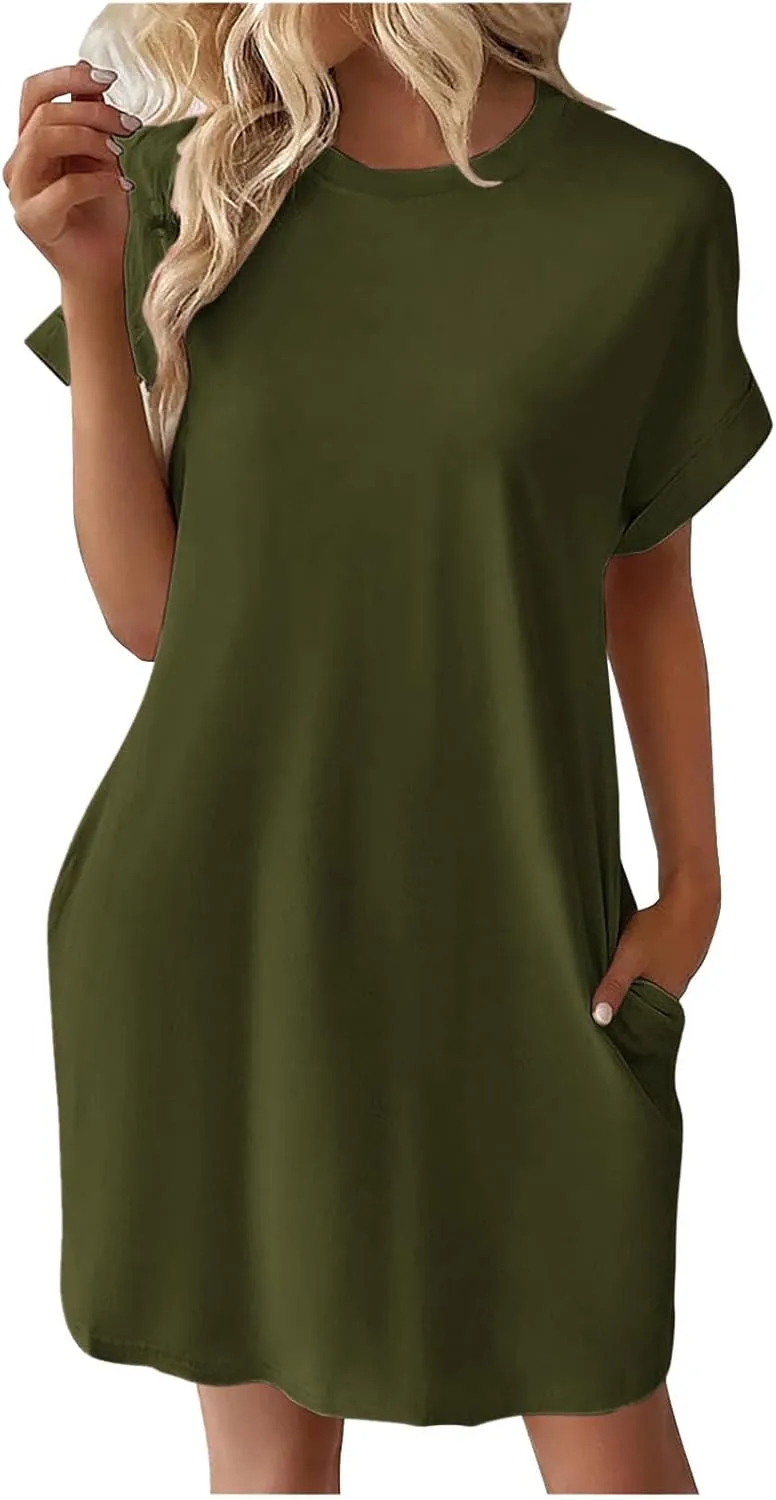 Summer Dresses for Women 2025 Trendy Short Sleeve Round Neck Tshirt Dress Casual Loose Mini Dress with Pockets